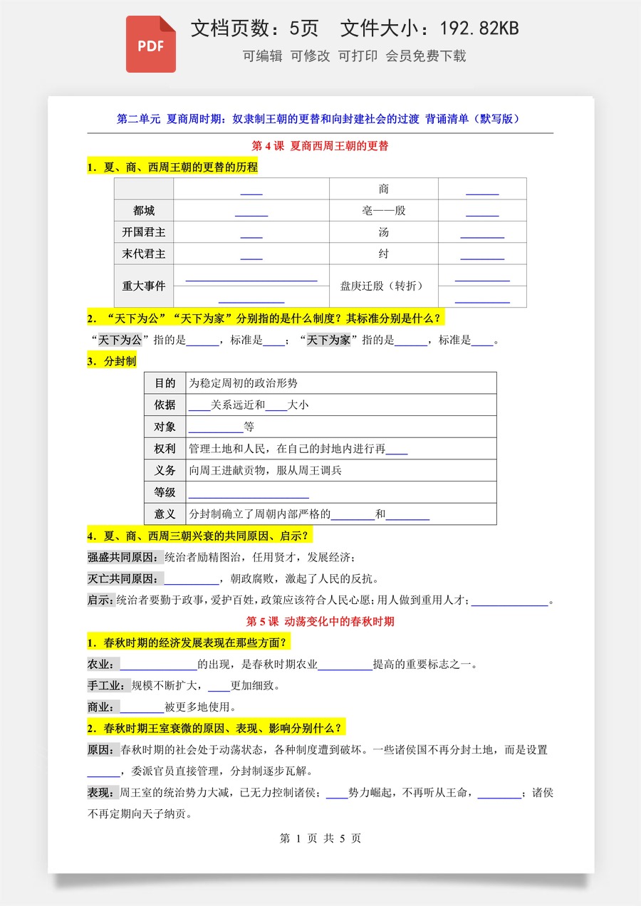 小学-六上小四门-历史-54制六上历史知识梳理-新版-第2单元 夏商周时期（背诵清单-默写版）.pdf